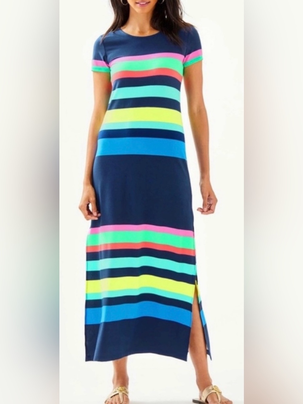 Lilly Pulitzer Navy Maxi Dress with Pink, Green, Yellow and Blue Stripes Sz.XL